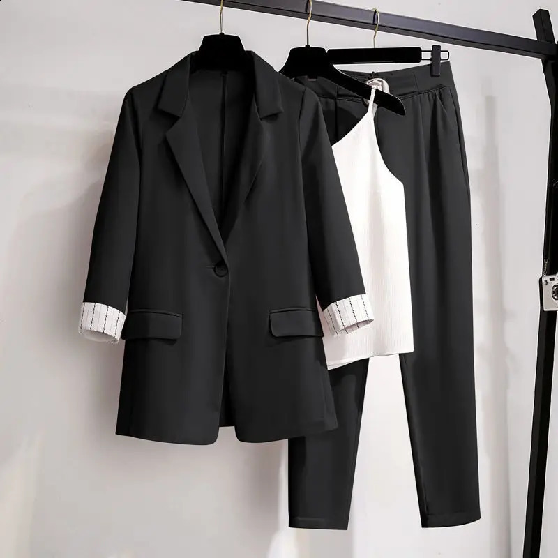 Korean Style Summer Thin Jacket Blazer Casual Wide Leg Pants Two-piece Elegant Womens Pants Set Office Business Suit Outfits 240826