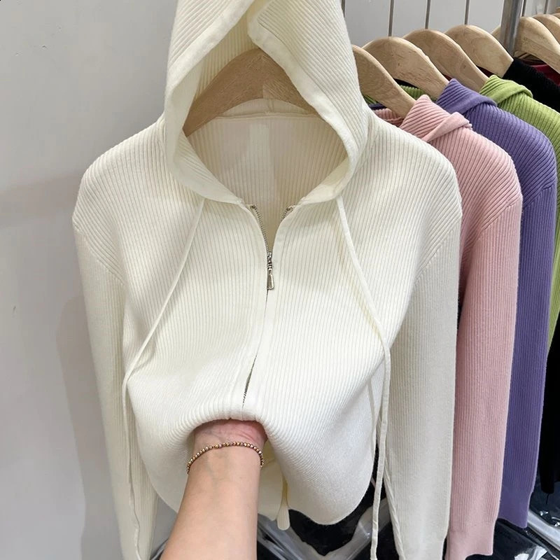 Spring and Autumn Korean Minimalist Casual Sweater Cardigan Long Sleeve Hooded Solid Color Zipper Womens Coat Top 240824