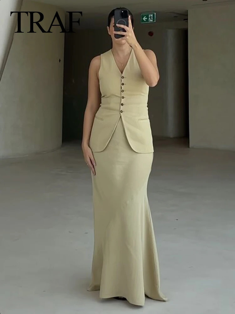 TRAFZA Women Vest Skirt Sets Female Khaki Long Blazer Vest V Neck Sleeveless Slim TopElegant High Waist A Line Skirt Suit TRAF 240826