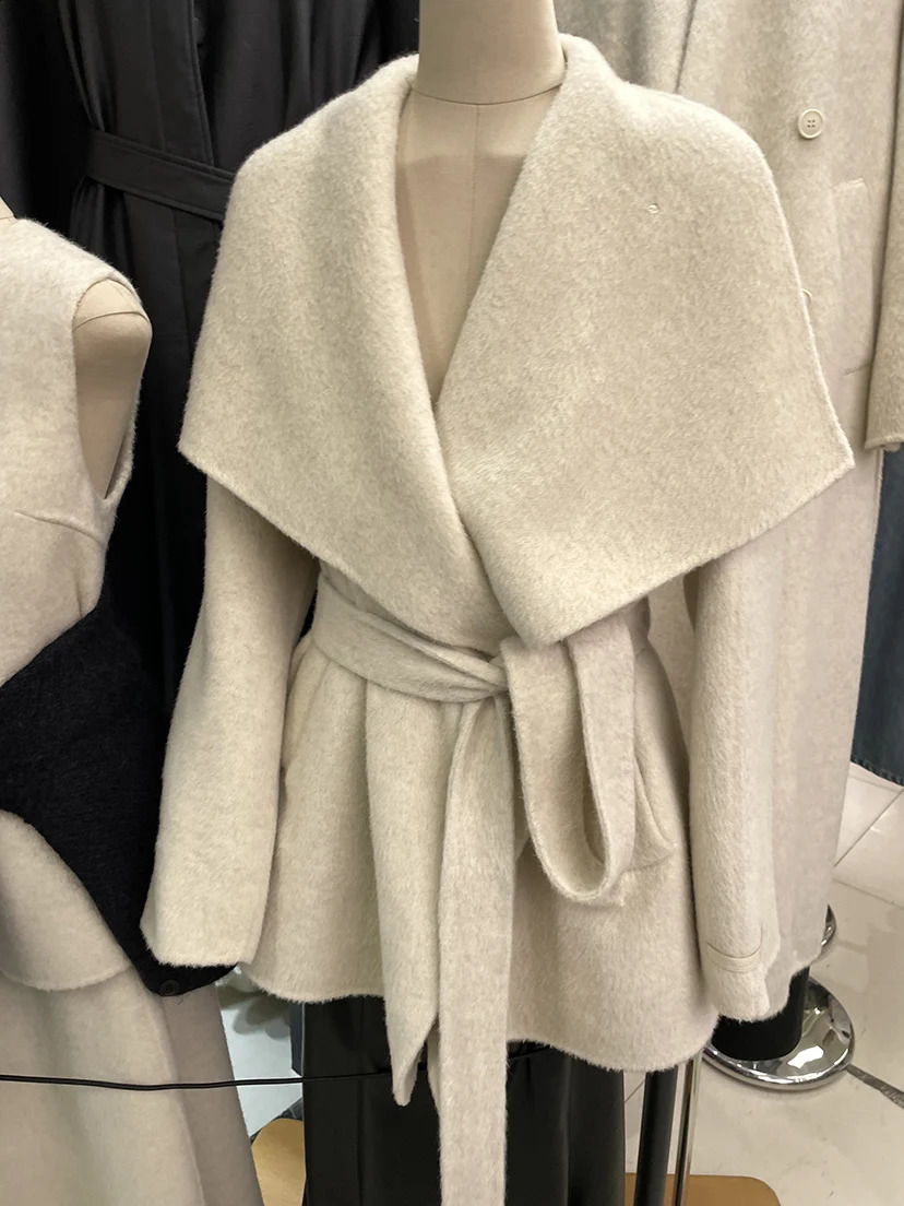 GkyocQ Korean Fashion Women Coat Wool Blends Lapel Collar Long Sleeve Waist Slim Belt Elegant All Match Female Coats Jacket 240826