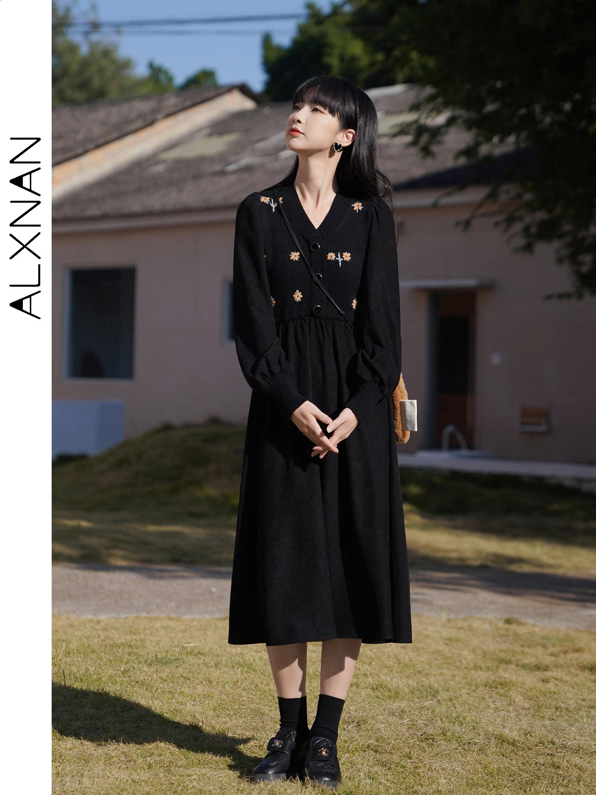 ALXNAN Vneck Almond Aline Dress for Women AutumnWinter French High Waist Long Sleeve Midi LXN2227 240824