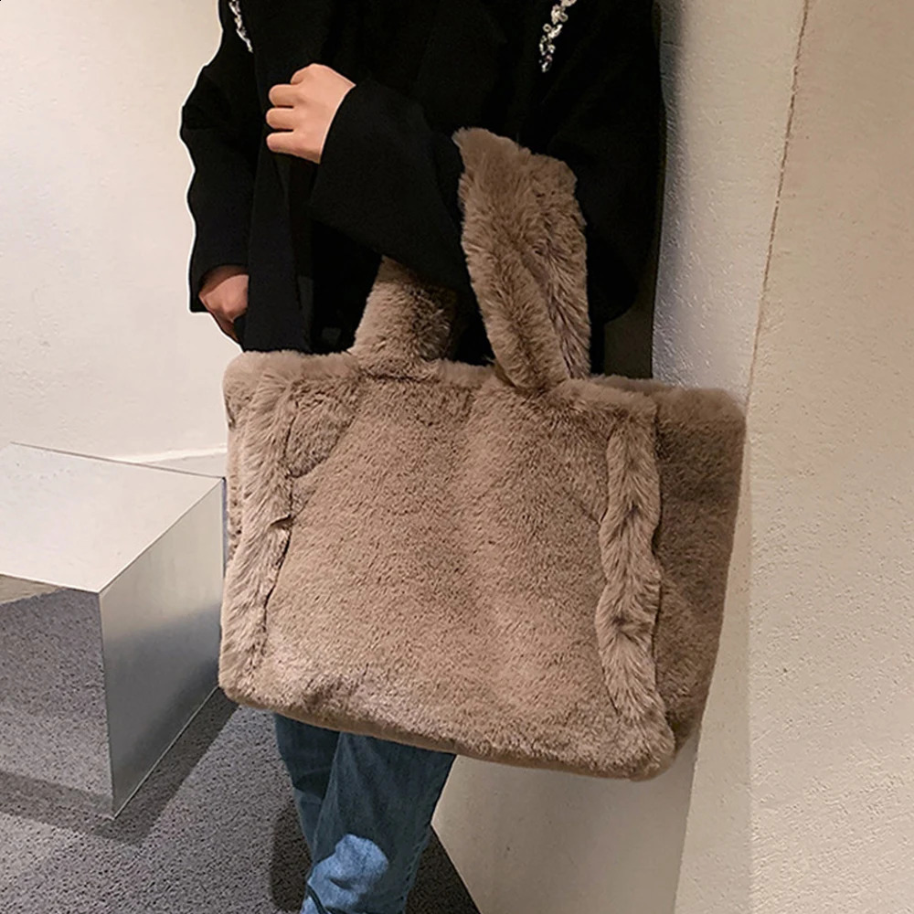 DHXJ Large Plush Tote Faux Fur Shoulder Bag Winter Fluffy Handbags Warm Soft Crossbody Bags for Women Shopper Purses 240826