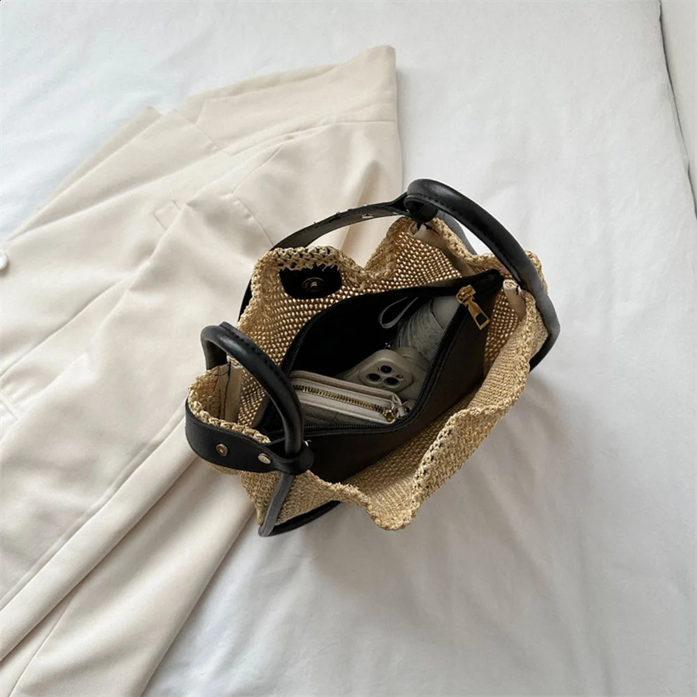 Women Fashion Beach Tote Bag Soft PU Leather Woven Shoulder Hollow Out Composite Large Capacity with Wallet Shopping 240826