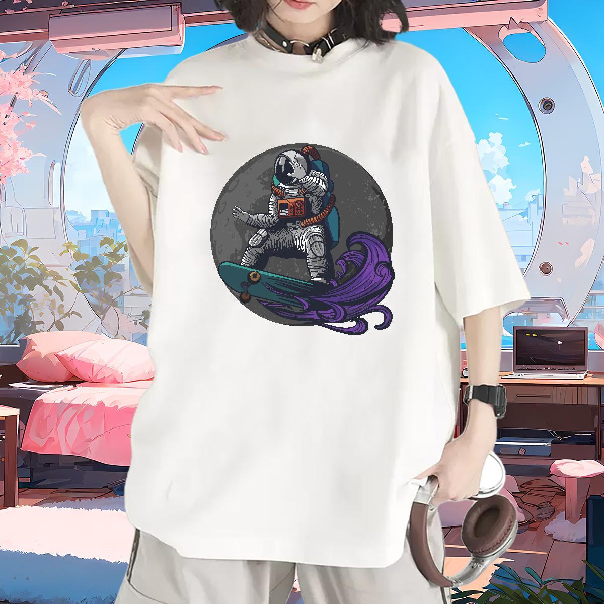 Lady Couples T Shirts 230g Cotton cosmonaut Casual T shirt Crew Neck Breathable Black White Wear