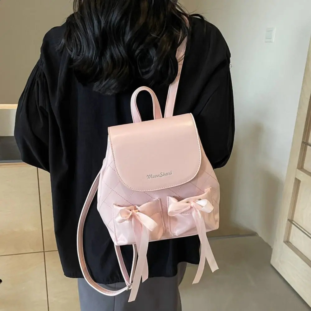 Korean style bow backpack ballet style large capacity nylon drawstring Knapsack solid color double bow Y2k backpack 240912