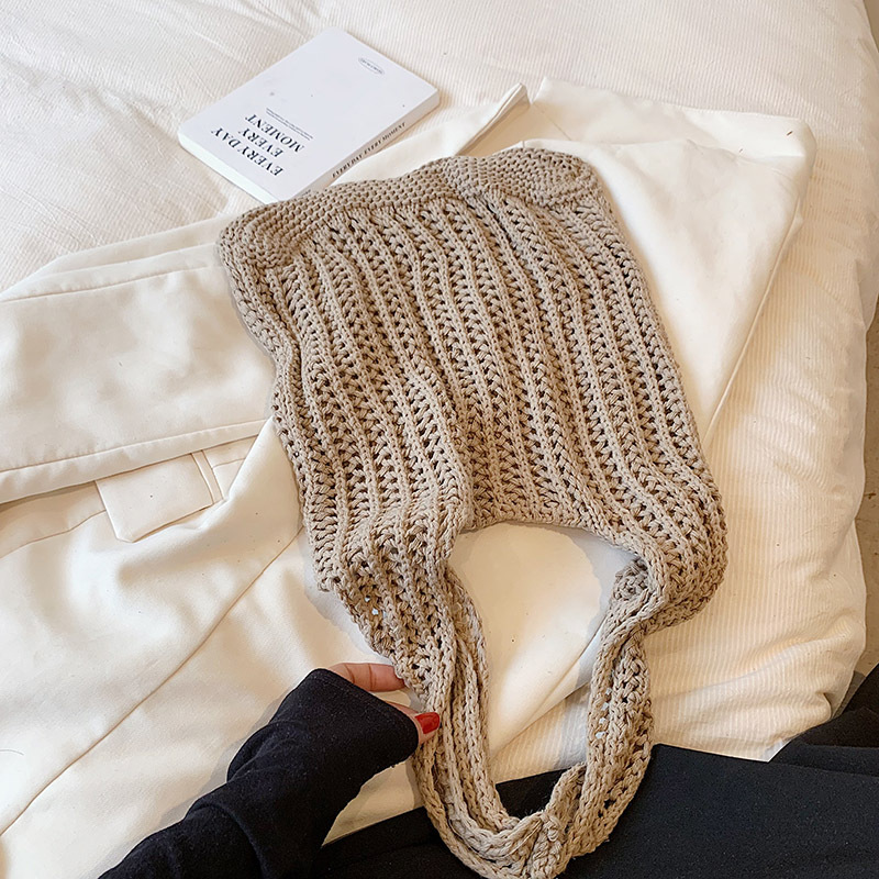 Large capacity single shoulder yarn woven bag with hollowed out tote handbag woven bag
