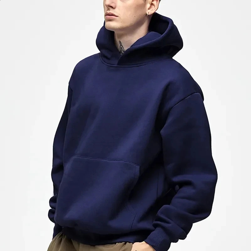 500GSM Heavy Weight Fashion Mens Hoodies Autumn Winter Casual Thick Cotton Mens Top Solid Color Hoodies Sweatshirt Male 240826