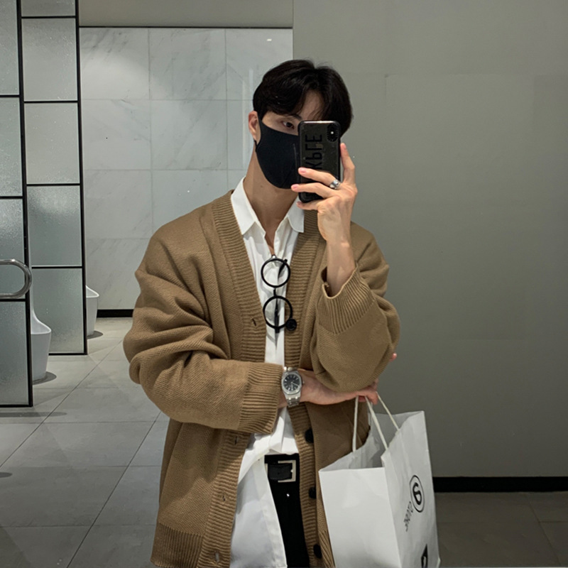 Autumn and Winter V-neck Knitted Sweater Cardigan Khaki Soft Glutinous Jacket Mens Korean Version Loose Sweater Korean Dongdaemun Mens Fashion Trend