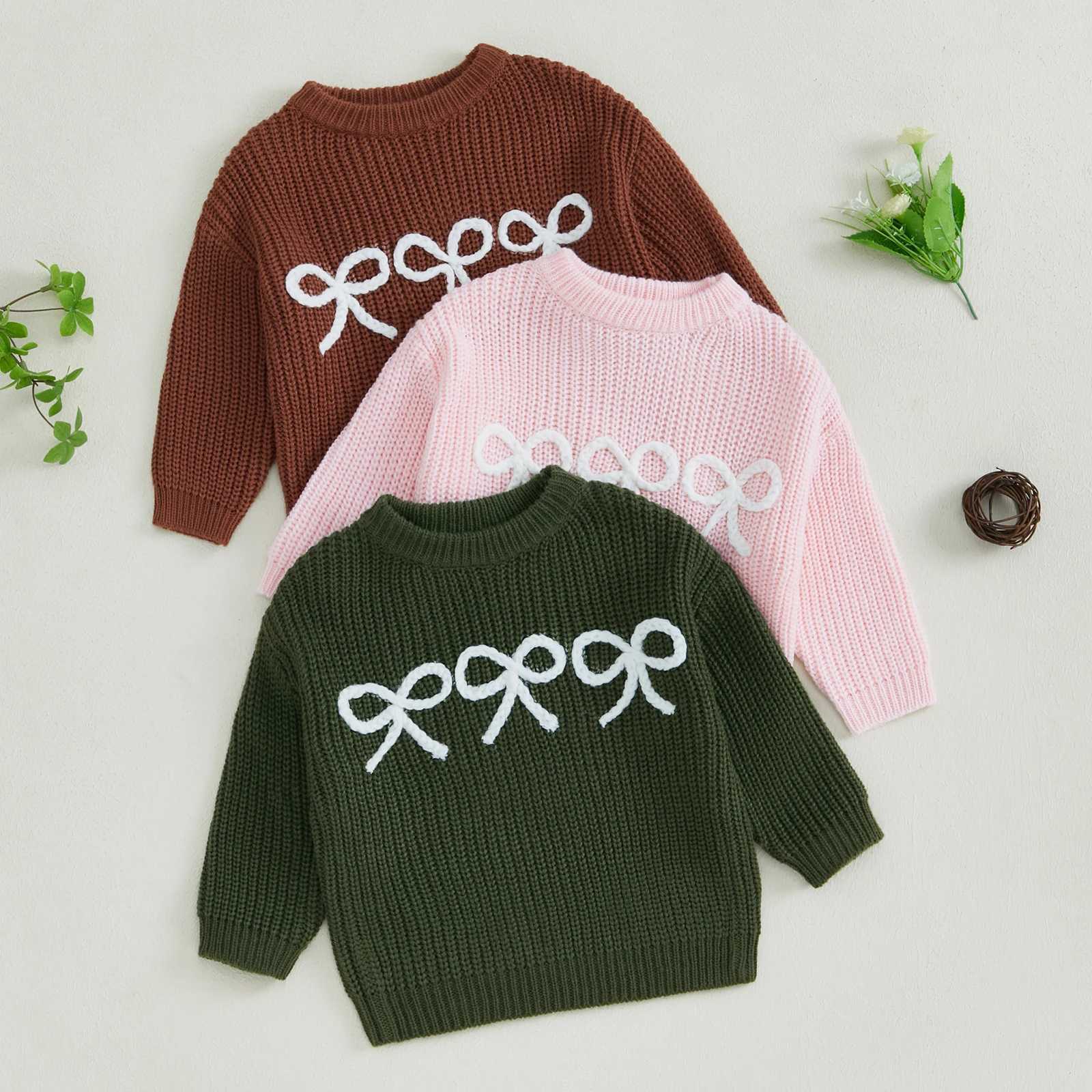 FOCUSNORM 4-color autumn and winter baby cute sweater bow embroidery warm knit long sleeved floral knit knittedW240824