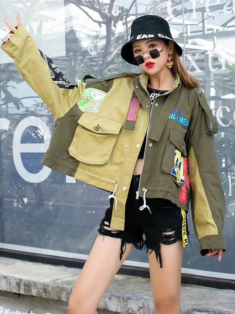 IEQJ Retro Splicing Letter Jacket Irregular Comparison Pocket Womens Short Coat Autumn Fashion 3WQ748 240826