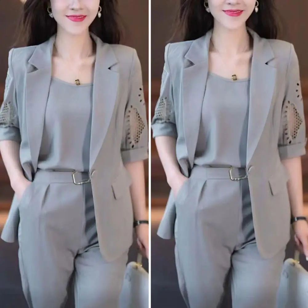 Plaid Splice Slim Fit Jacket Blazer Casual Wide Leg Pants Three Piece Elegant Womens Pants Vest Suit Summer Office Business Set 240826