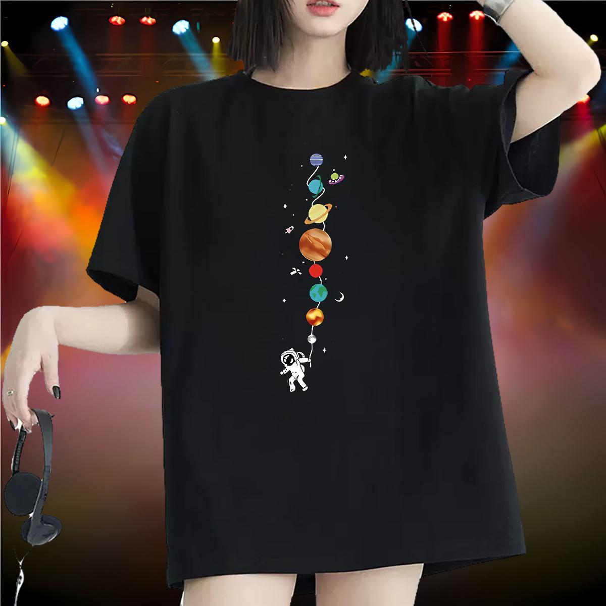 Popular Women Tshirts 230g Pure Cotton spaceman Street Women T Shirts Crew Neck Breathable White Plus Size Tops Shirt