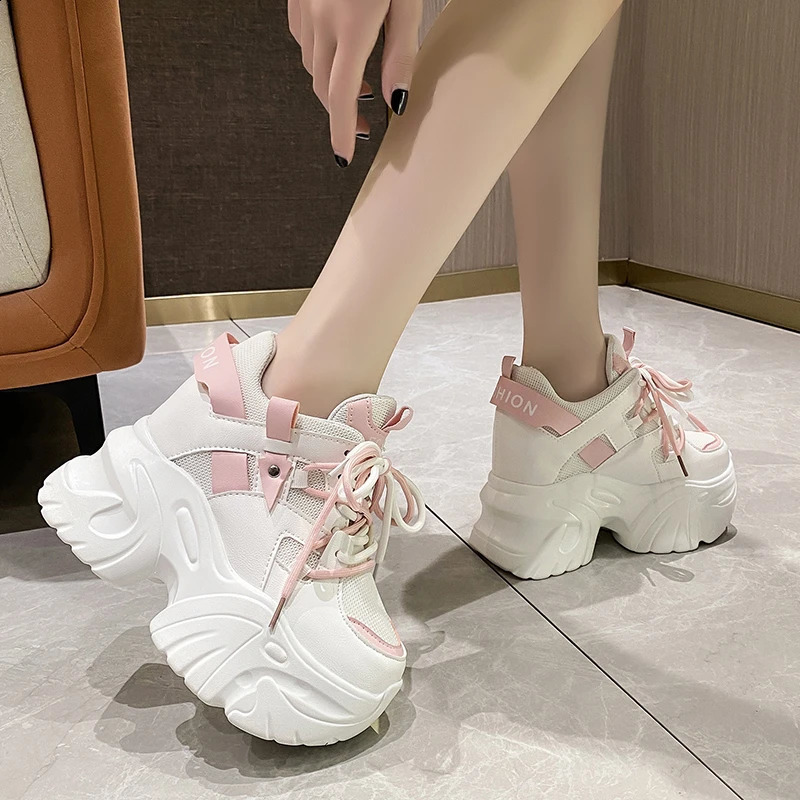 105CM Women Platform Sneakers Lace-up Autumn Sports Dad Shoes High Top Chunky Casual Woman Thick Bottom Mesh White 260415