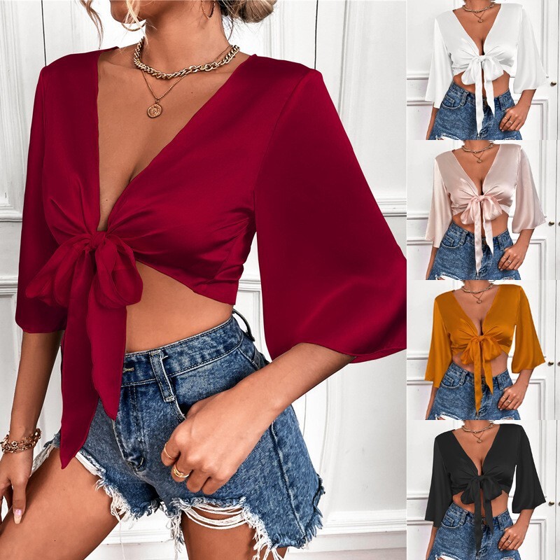 Womens Hot Selling V-neck Tied Open Chest Short Shirt
