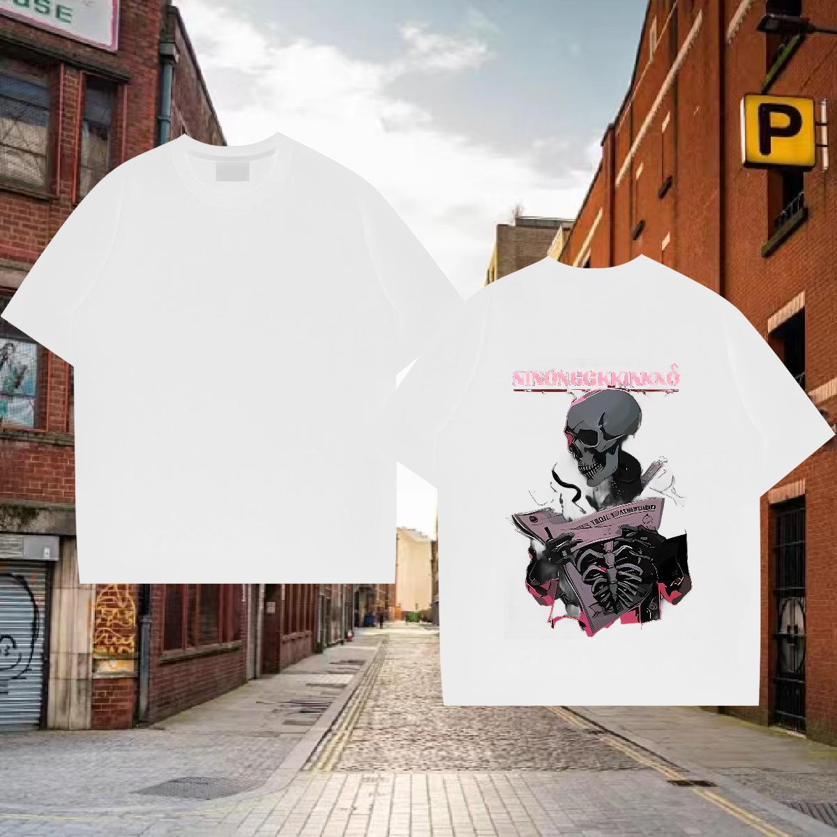 Wholesale Men T Shirts 230g Pure Cotton skull Casual Beach Custom Print Oversized Crew Neck Men Tops Tees Fashion New Tops Shirt