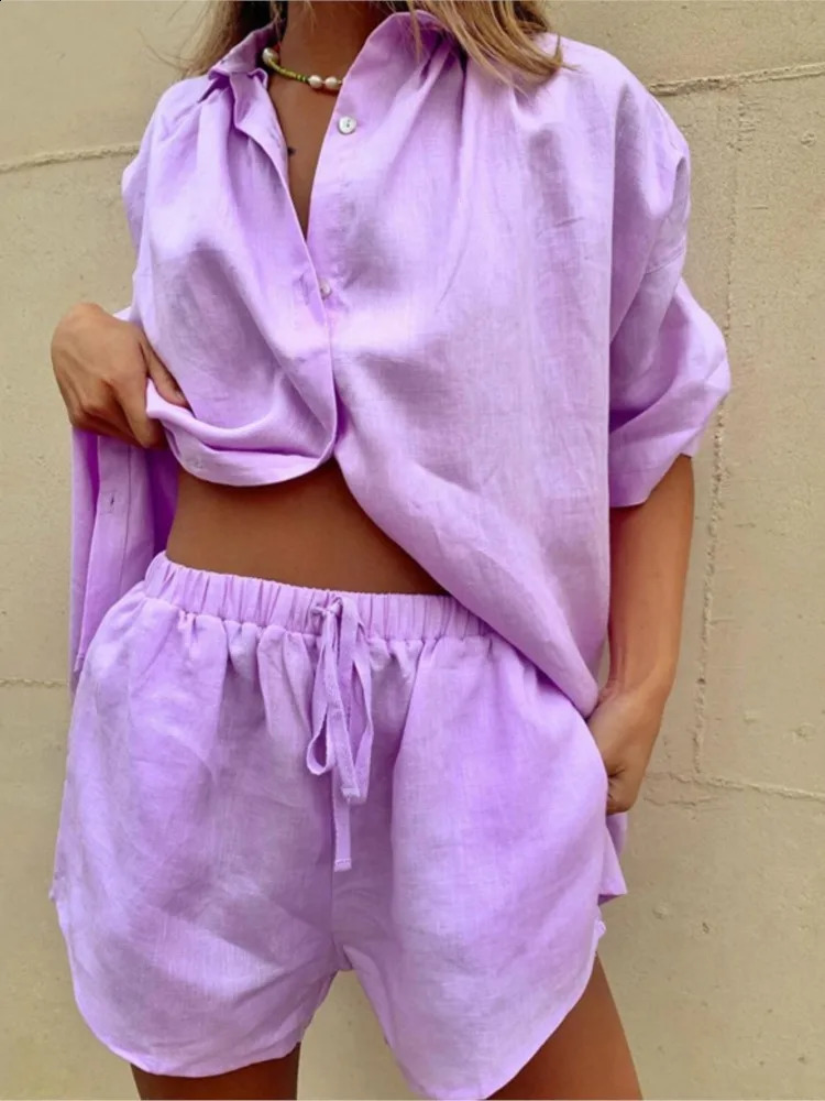 Casual Cotton Solid Color Sets Women Short Sleeve Loose Shirt Wide Leg Shorts Two Piece Set Woman Suits Summer Outfits 240826