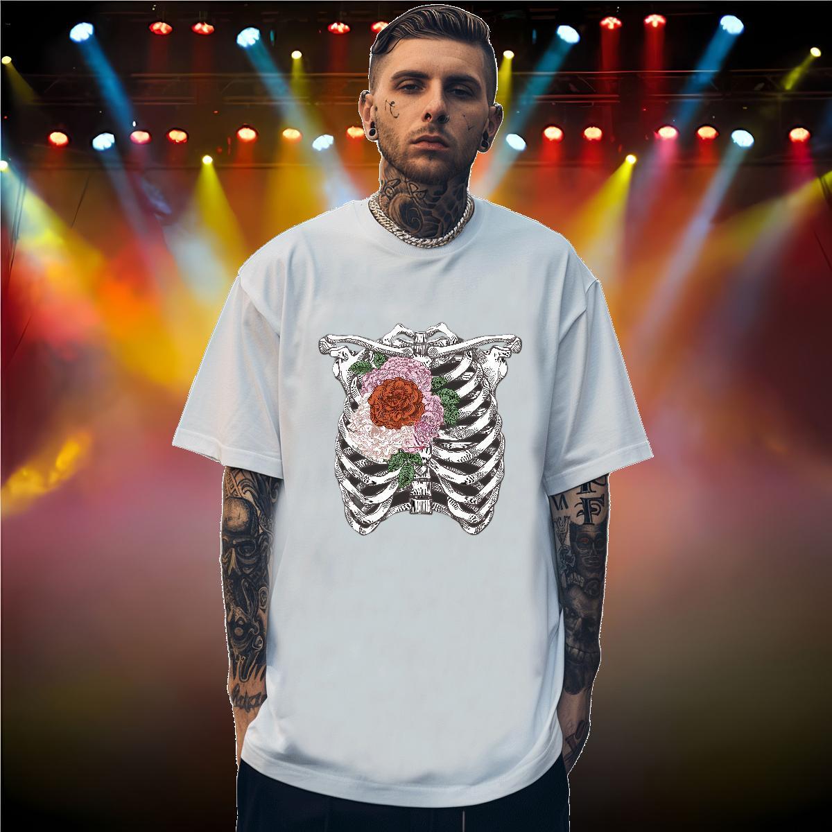 Popular T Shirts Men 100% Cotton 230g flower Summer Casual Oversized O-Neck Short Sleeve Mens Tshirts Fashion Design Tees