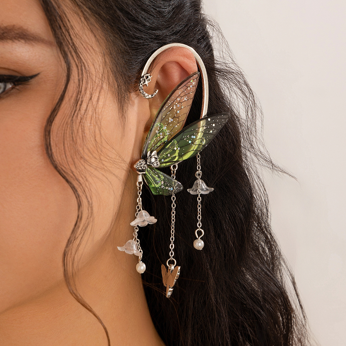 Forest style elf tassel hanging, butterfly shaped earring accessory, wing ear clip