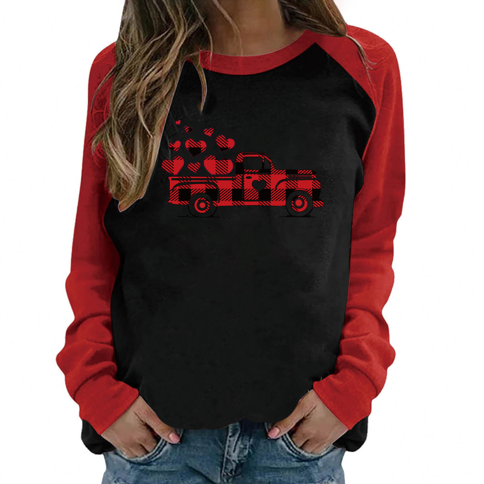 Autumn New Women's Top with Shoulder Insertion Valentine's Day Love Truck Long Sleeve T-shirt dongdumaoyi