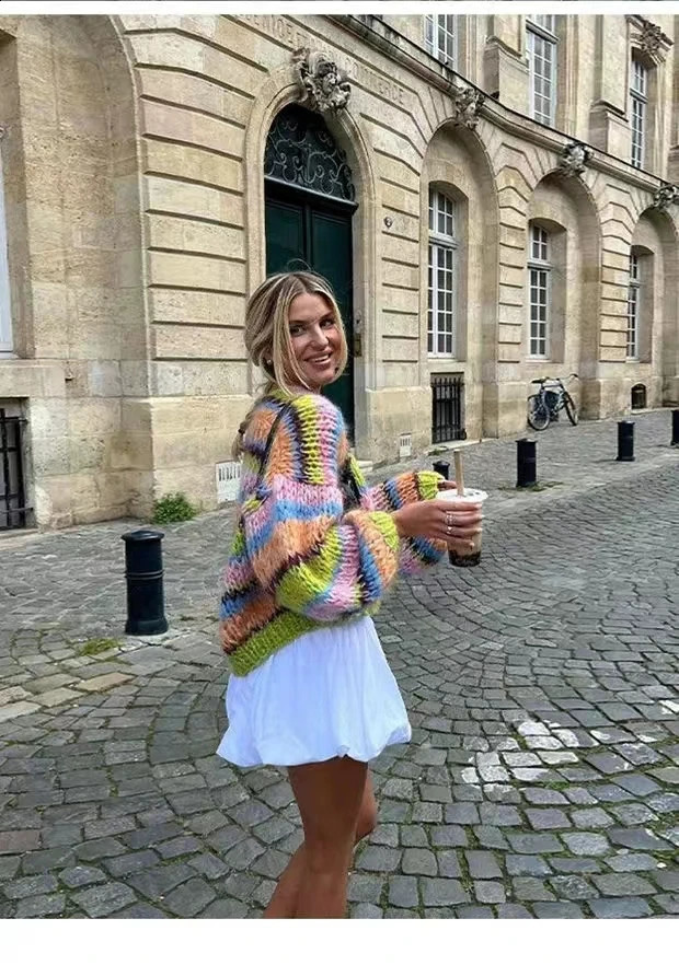 striped long sleeved rainbow plaid heavy handmade versatile cardigan sweater knitted sweater 240824