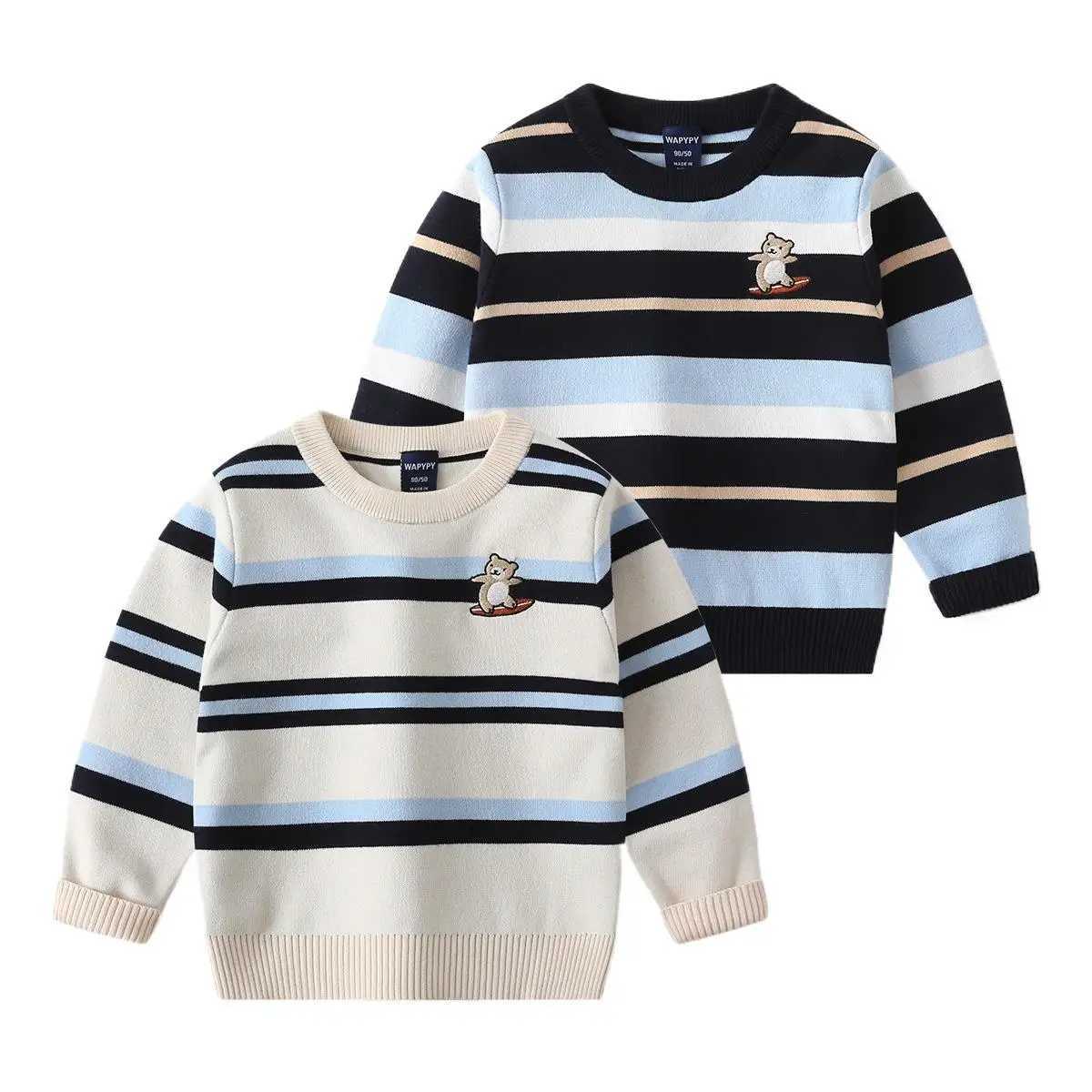 Autumn Baby Boys Sweater Cotton Stripe Embroidery Preschool Boys Knitted Sweater Korean Round Neck Childrens Boys Underwear ZipperW240824