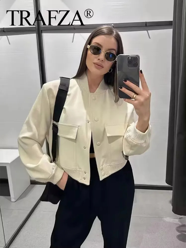 TRAFZA Womens Elegant White Coat Long Sleeve Button Bomber Jacket Fashion Casual Solid Office Y2K 240826