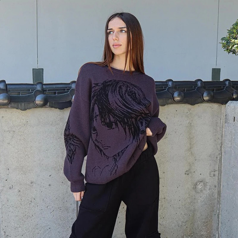 Womens Knitting Fashion Anime Print Sweater Harajuku Gothic Purple Sweater Men Pullover Y2K Oversized Sweater Streetwear 240824