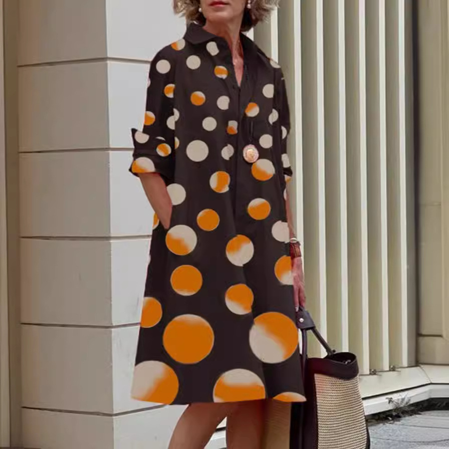 Autumn New Product Fashionable Temperament Wave Dot Printed Shirt Collar Long Sleeve Medium Length Dress