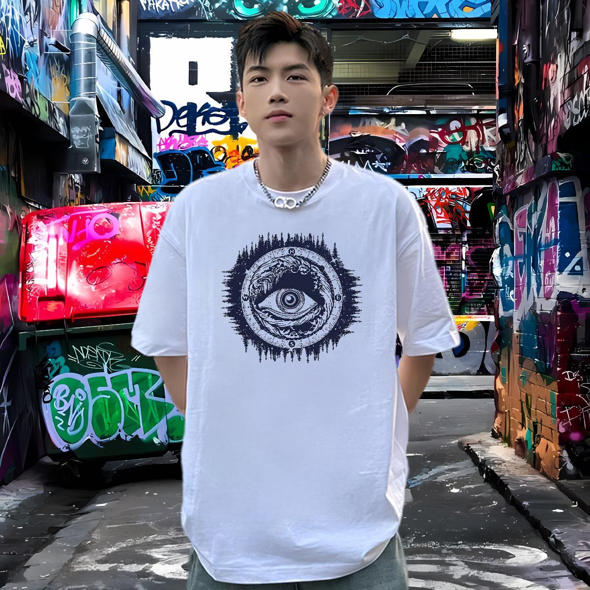Soft Men T Shirts 230g Cotton eye of the devil Home Outdoor Anime Print Crew Neck Men Tshirts Customized Polos