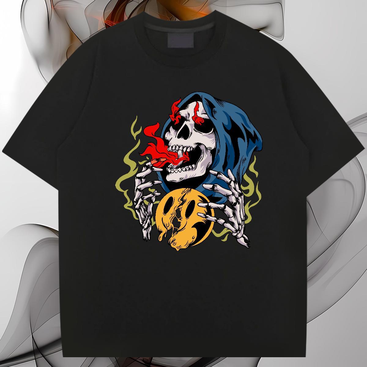 Popular T shirt 230g Pure Cotton skull Summer Casual Anime Print Short Sleeve O-Neck Mens Tshirts Stylist Clothes
