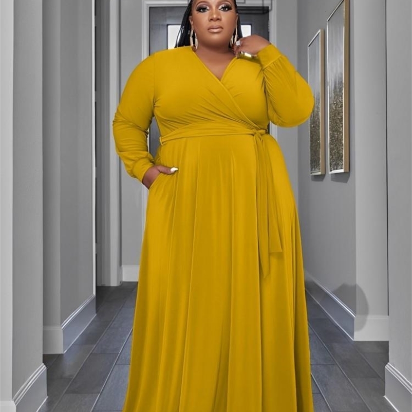 Plus size autumn V-neck long skirt womens fashion pleated womens clothing long sleeved casual loose womens clothing 240824