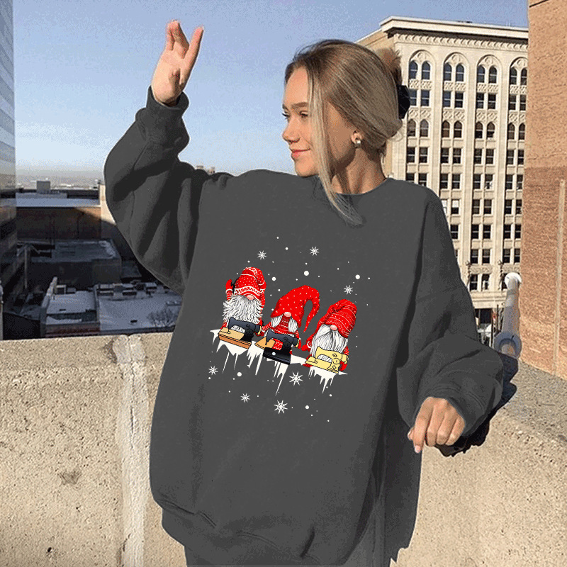 New Three Dwarfs Snowflake Print Shoulder Down Round Neck Fleece Hoodie Women's Top dongdumaoyi