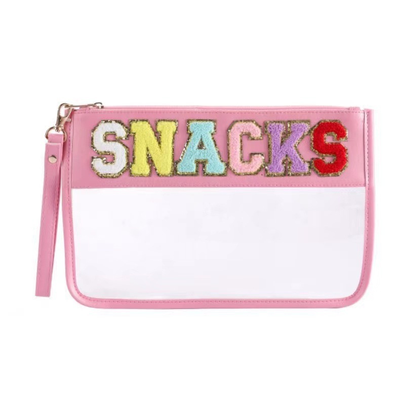 Snack storage bag Transparent pvc zipper bag embroidered alphabet hand makeup bag Portable PU waterproof toiletry bag
