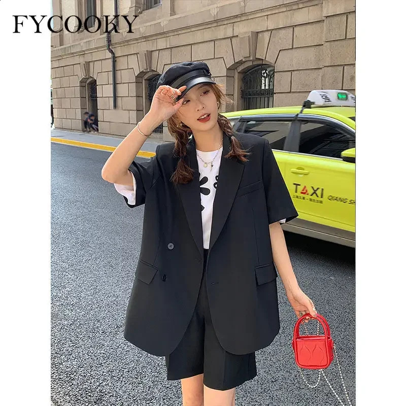 Korean Loose 2 Piece Women Short Set with Blazer Summer Thin Short-sleeved Blazers Shorts Casual Office Ladies Suits 240826