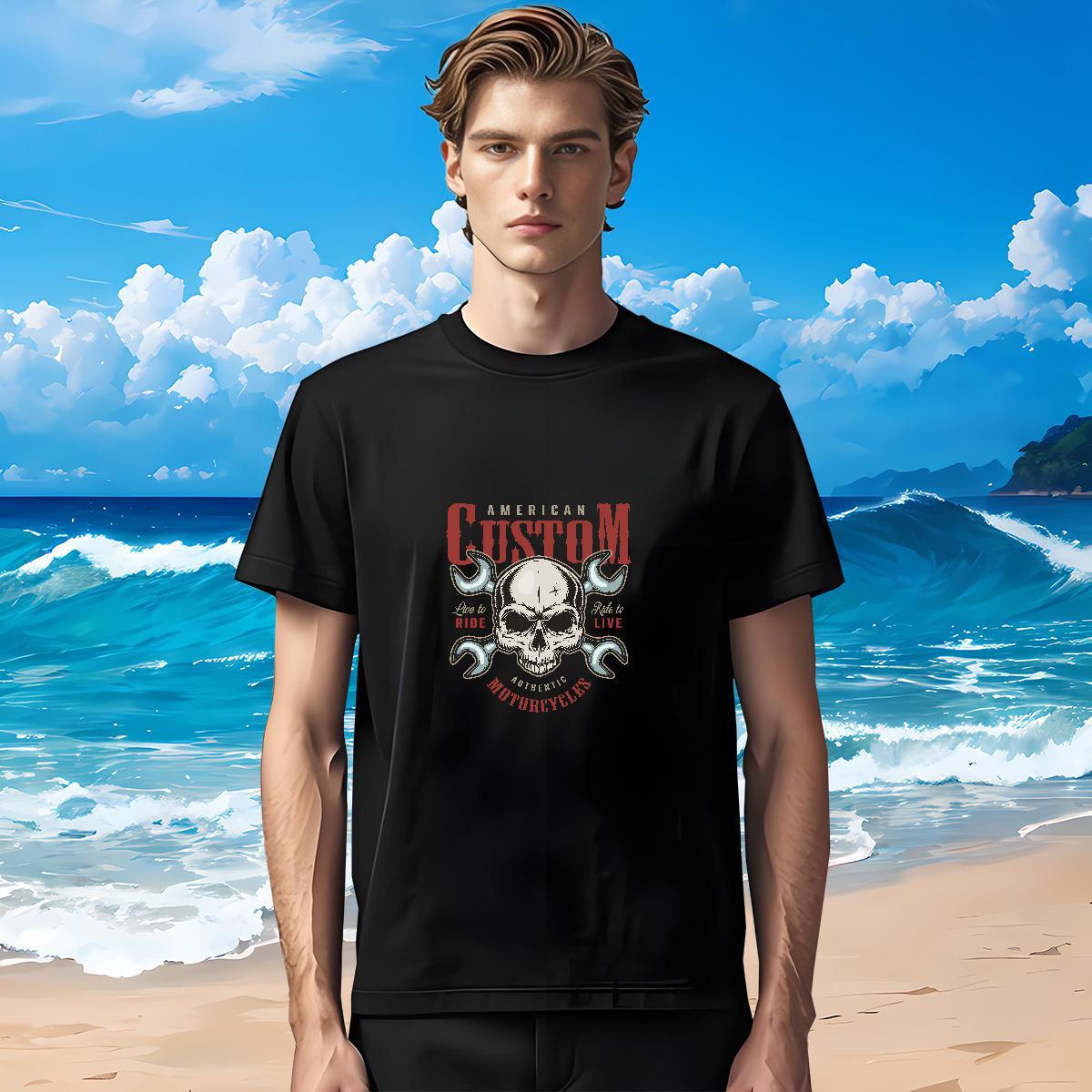 Loose T Shirts Men 230g Pure Cotton skull Sports Casual Floral Print Short Sleeve O-Neck Tshirts Customized Clothes