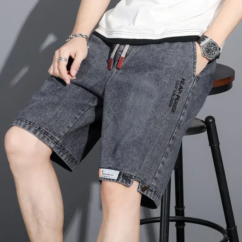 Male Denim Shorts Drawstring Graphic With Text Xl Mens Short Jeans Pants Trend 2024 Korean Style Cowboy Jorts Sale Cut 240824