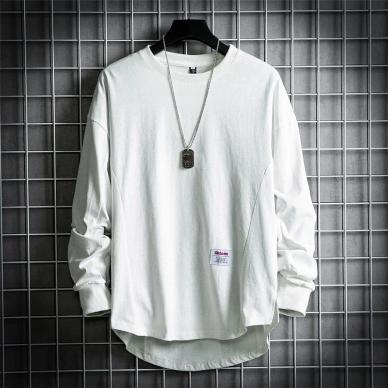 Mens Harajuku autumn fashion streetwear oversized long sleeved T-shirt solid and comfortable O-neck loose T-shirt mens Pulleys 240826
