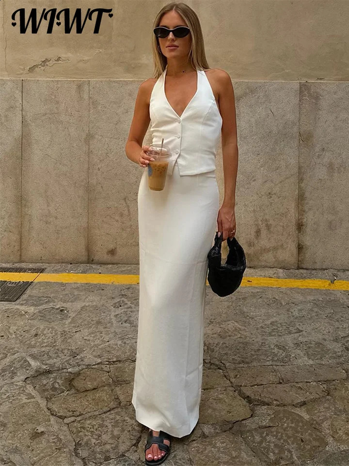 Halter Vest Skirt 2 Piece Set Women Single Breasted Lace Up Backless Waistcoat Female Suit Split Sheath Skirts Office Lady Suit 240826