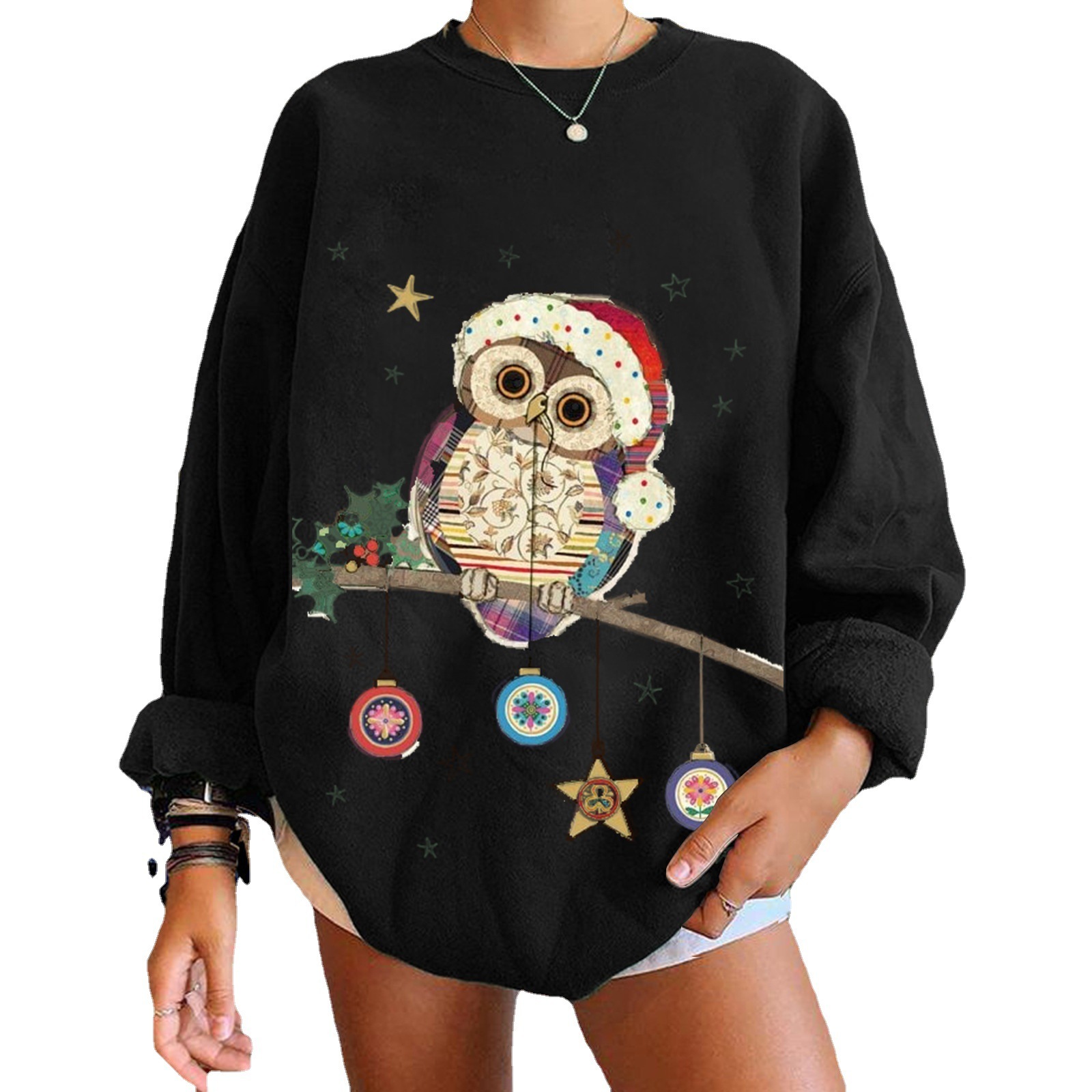 Owl Animal Ins Wind Printed Women's Falling Shoulder Large Round Neck Fleece Hoodie Women dongdumaoyi