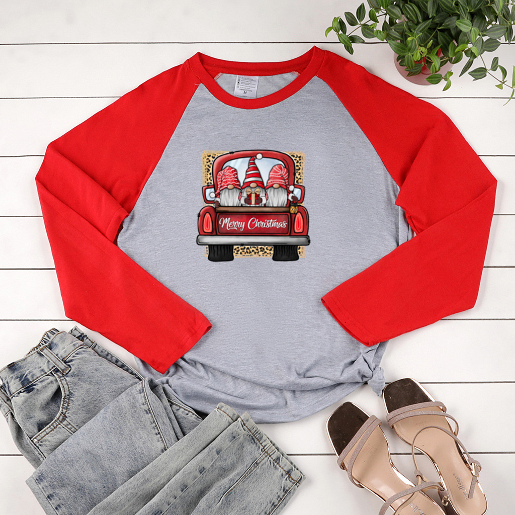 Christmas style shoulder length long sleeved new product with three Santa Claus driving print, early autumn contrasting top dongdumaoyi