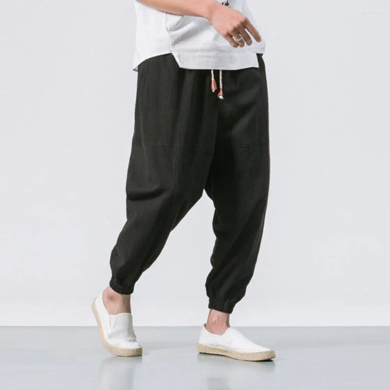 Men's Pants Men Casual Harem Elastic Waist Trousers Japanese Style With Deep Crotch Ankle Length Pockets For Summer