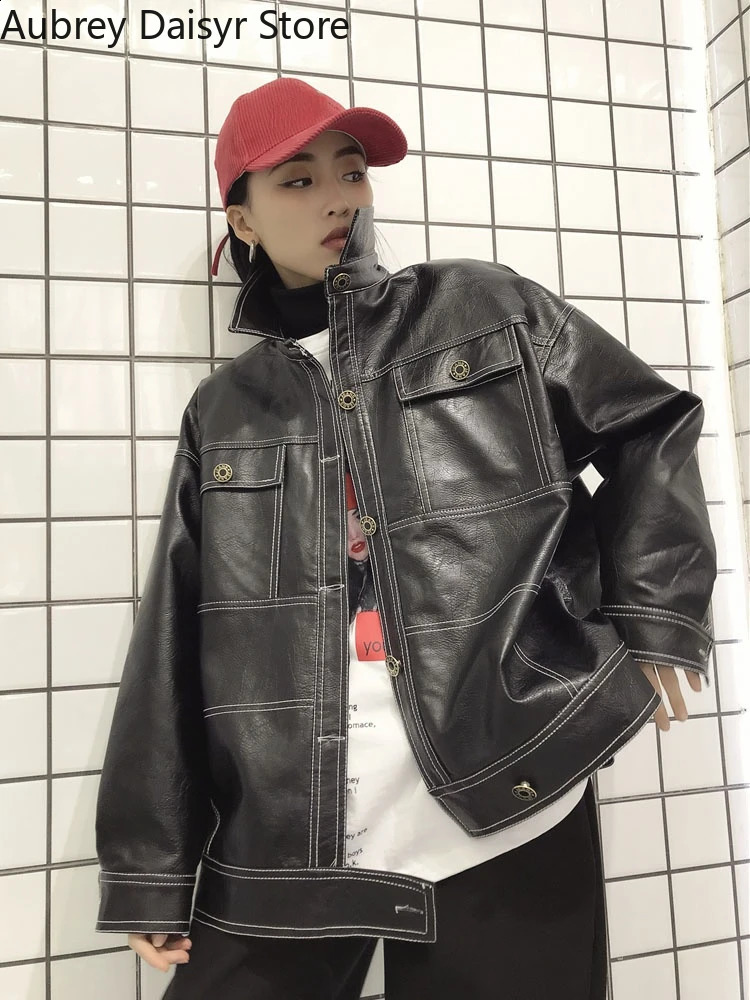 Korean Black Leather Jacket Women Streetwear Harajuku Loose Moto Jacket Women Vintage High Street Punk Outerwear Biker Coat 240824