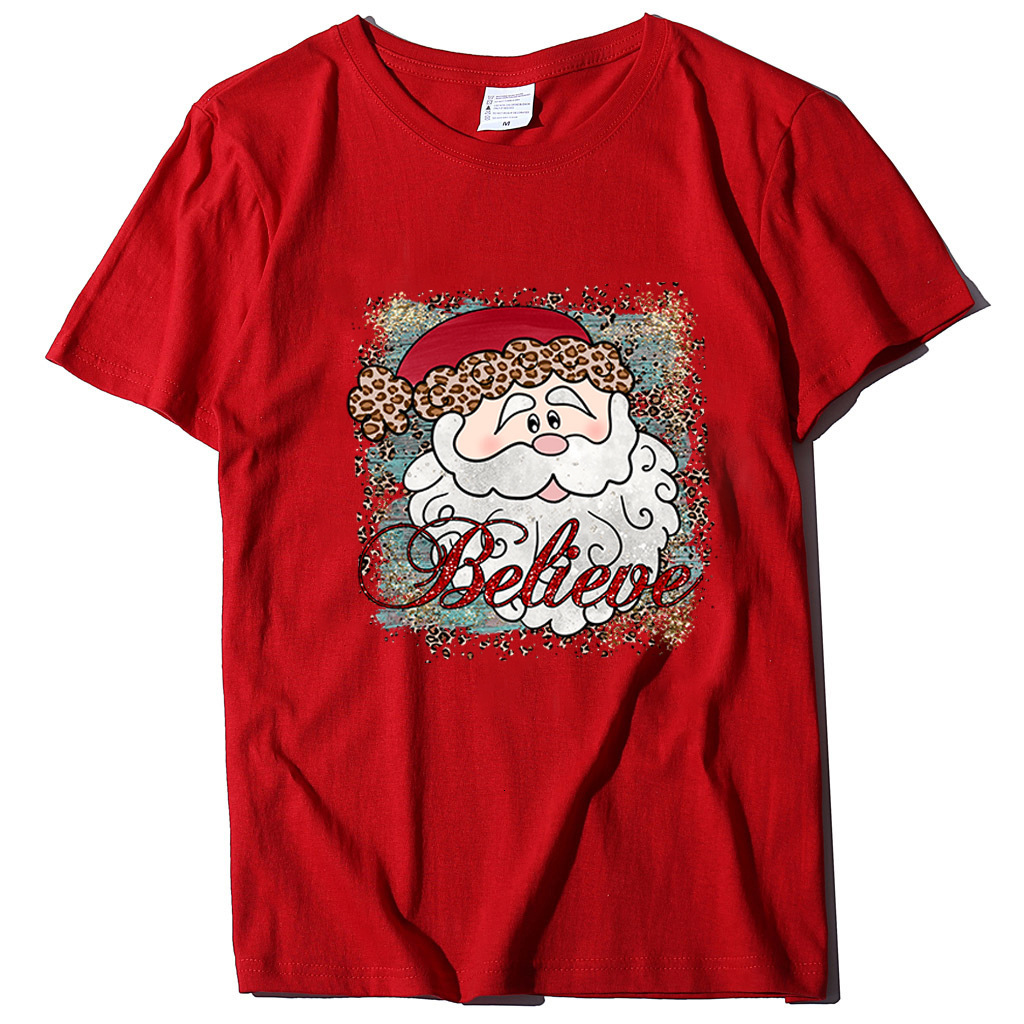 New Believe Pattern Printed Casual Short Sleeve Christmas Women's T-shirt Round Neck dongdumaoyi