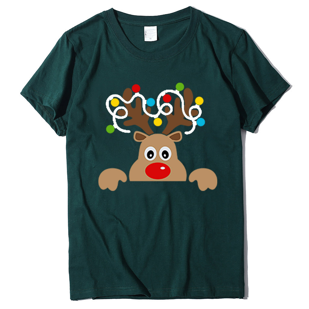 Instagram Trendy Women's Christmas Deer Printed T-shirt Loose Headset Short sleeved dongdumaoyi