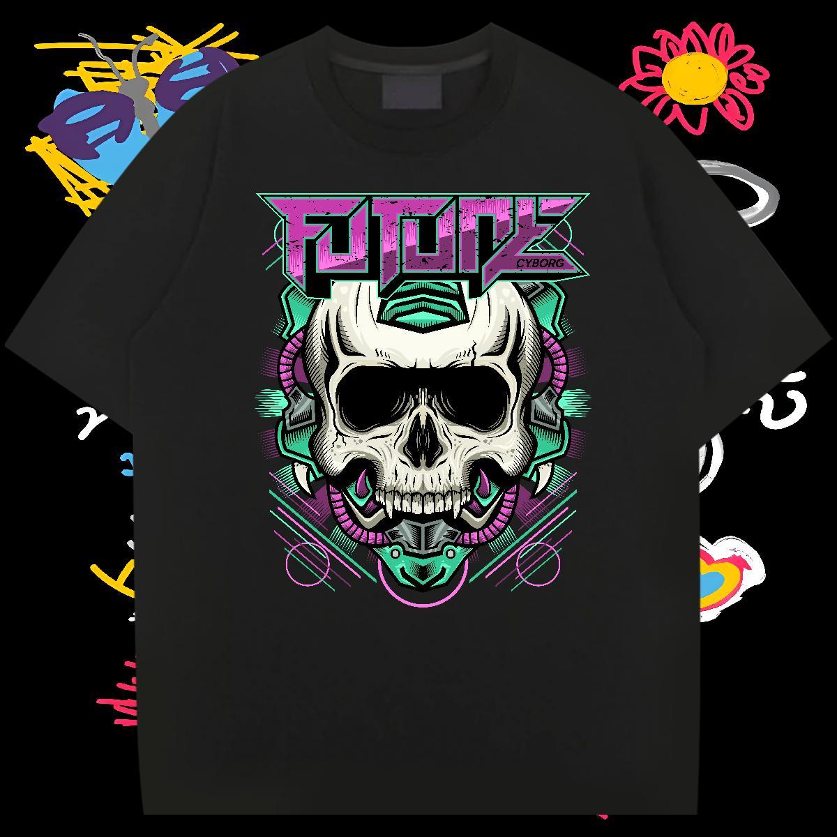 Comfortable T Shirts Men 230g 100% Cotton skull High Street Hip Hop Black White Crew Neck Breathable Couples T Shirts 2024 Designer Tee Shirt
