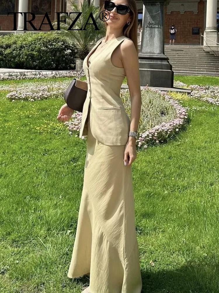 TRAFZA Women Vest Skirt Sets Female Khaki Long Blazer Vest V Neck Sleeveless Slim TopElegant High Waist A Line Skirt Suit TRAF 240826