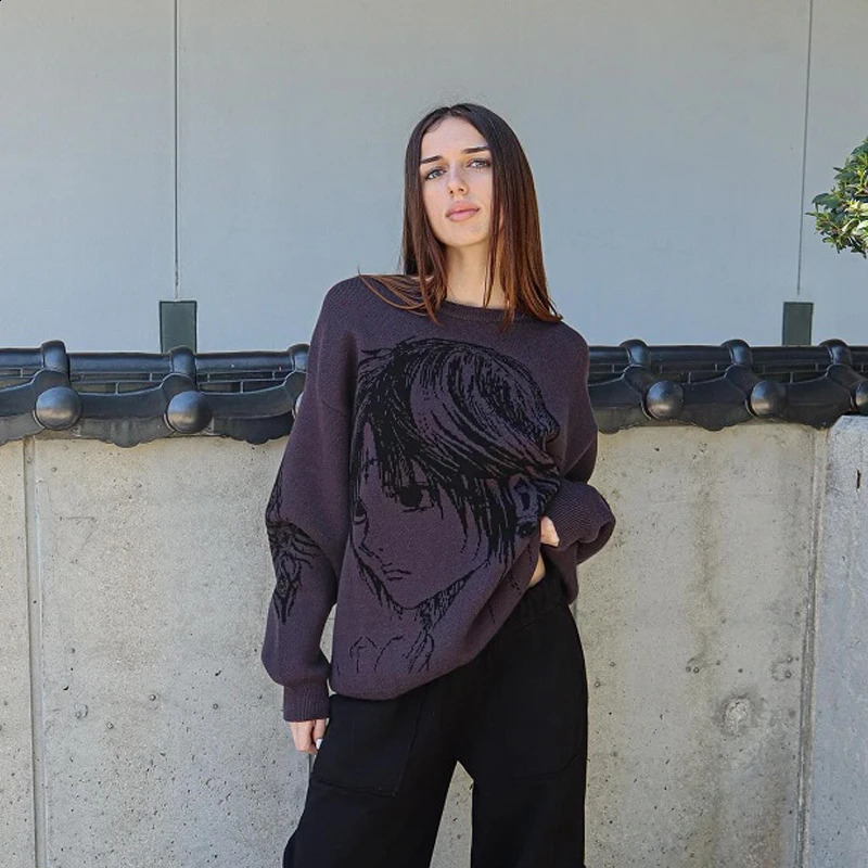 Womens Knitting Fashion Anime Print Sweater Harajuku Gothic Purple Sweater Men Pullover Y2K Oversized Sweater Streetwear 240824