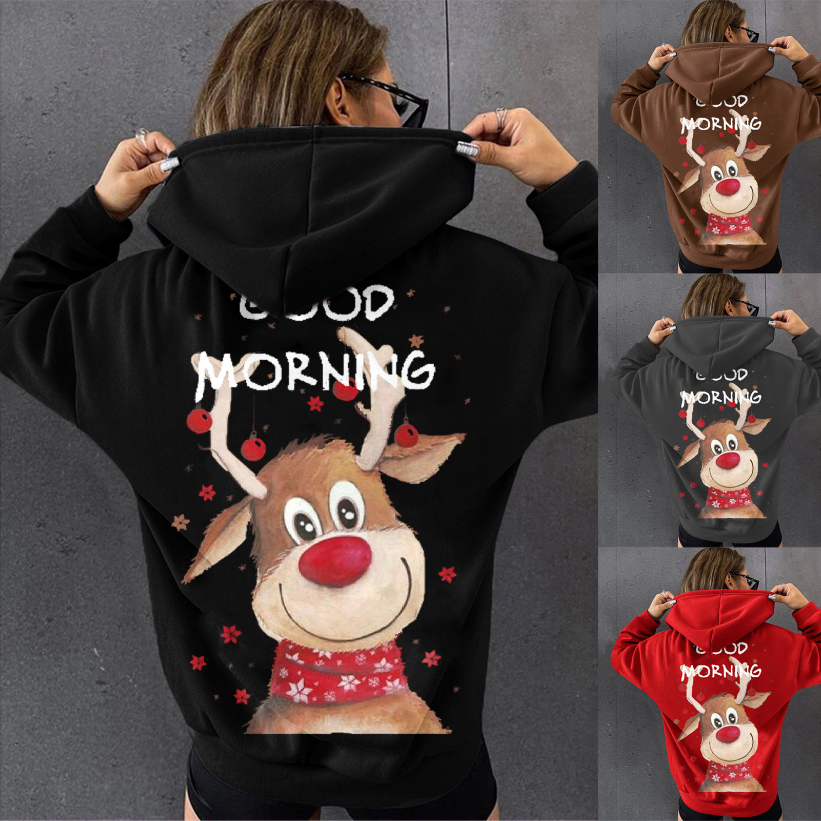 Good MORNING Christmas hoodie with deer print and plush hooded sweatshirt dongdumaoyi