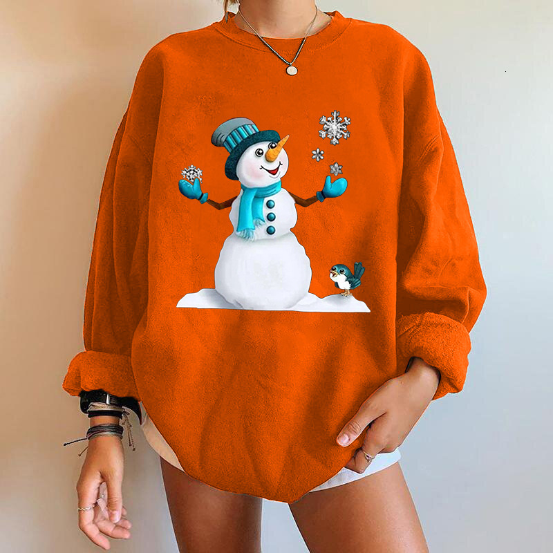 new Christmas snowman print off shoulder round neck fleece hoodie women's top dongdumaoyi