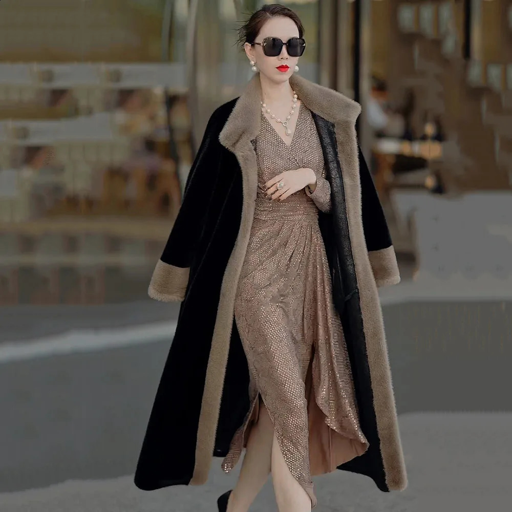 Elegant faux mink coat womens winter long jacket for middleaged and elderly mothers cashmere warm park black 240824